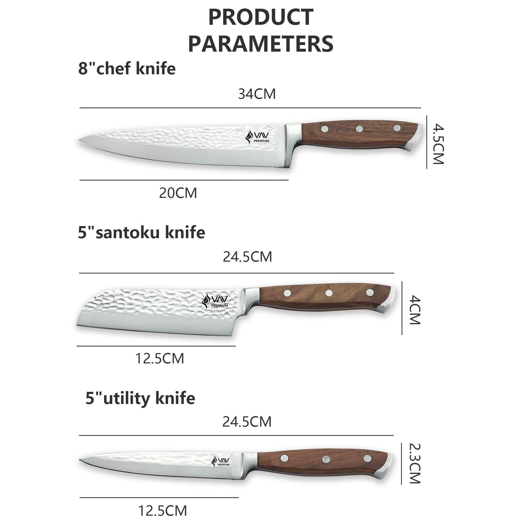 VAV GET PREMIUM 3-Piece Knives Set. Set includes: 8-inch Chef, 5-inch Santoku & Utility Knives. Comfortable Walnut Wood Handle and Professional Hammered Stainless Steel with Long-Lasting Sharpness.
