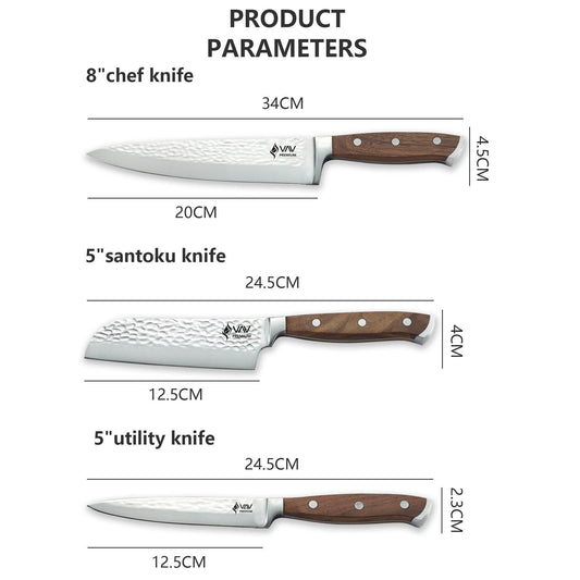 VAV GET PREMIUM 3-Piece Knives Set. Set includes: 8-inch Chef, 5-inch Santoku & Utility Knives. Comfortable Walnut Wood Handle and Professional Hammered Stainless Steel with Long-Lasting Sharpness.