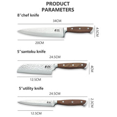 VAV GET PREMIUM 3-Piece Knives Set. Set includes: 8-inch Chef, 5-inch Santoku & Utility Knives. Comfortable Walnut Wood Handle and Professional Hammered Stainless Steel with Long-Lasting Sharpness.