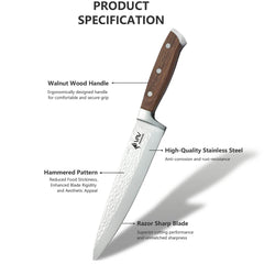 VAV GET PREMIUM 3-Piece Knives Set. Set includes: 8-inch Chef, 5-inch Santoku & Utility Knives. Comfortable Walnut Wood Handle and Professional Hammered Stainless Steel with Long-Lasting Sharpness.
