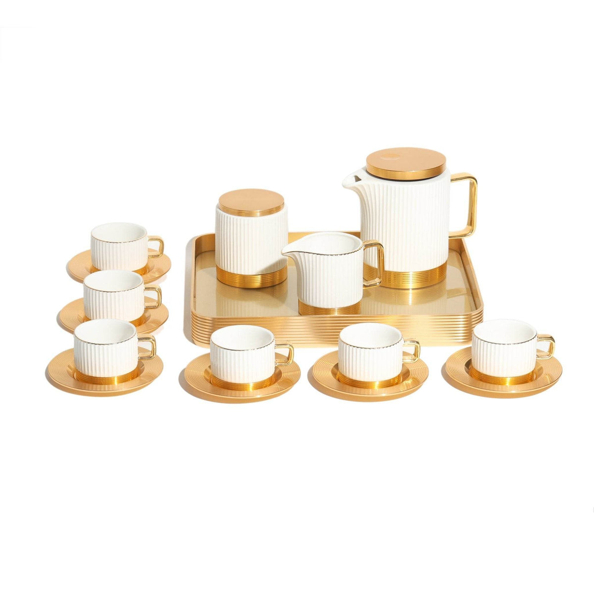 VAV GET Porcelain 16-Pieces Coffee and Tea Cups Set. 6 Cups (90 cc = 90 ml) & 6 Saucers Set + 1 Tray + 1 Coffee Pot (600cc)+ 1 Sugar Pot (200cc) + 1 Creamer (200cc) for 6 people.