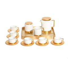 VAV GET Porcelain 16-Pieces Coffee and Tea Cups Set. 6 Cups (90 cc = 90 ml) & 6 Saucers Set + 1 Tray + 1 Coffee Pot (600cc)+ 1 Sugar Pot (200cc) + 1 Creamer (200cc) for 6 people.