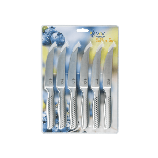 VAV GET Premium 6-Piece Steak Knives Set. Set includes: 6-Pieces of 4.5-inch Steak Knives. Comfortable and Pleasing Handle and Professional Serrated Stainless Steel with Long-Lasting Sharpness.