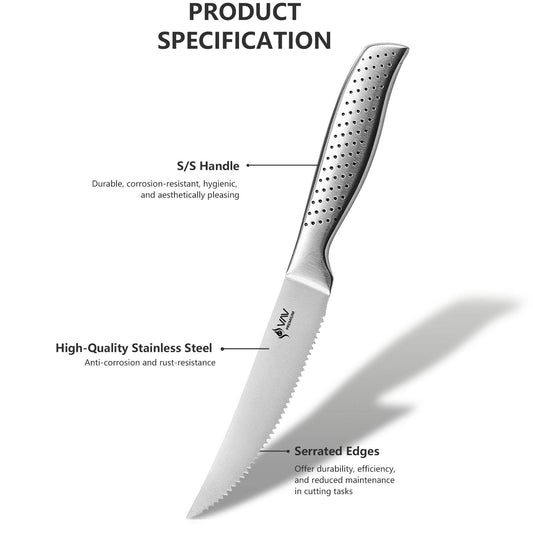 VAV GET Premium 6-Piece Steak Knives Set. Set includes: 6-Pieces of 4.5-inch Steak Knives. Comfortable and Pleasing Handle and Professional Serrated Stainless Steel with Long-Lasting Sharpness.