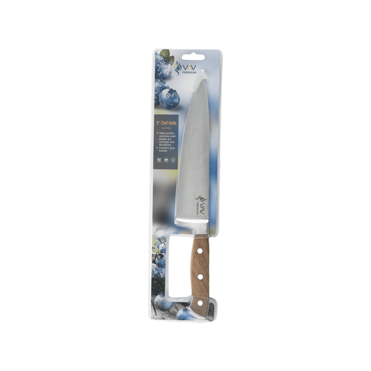 VAV GET Premium 8-inch Chef's Knife. Comfortable Walnut Wood Handle and Professional Stainless Steel with Long-Lasting Sharpness.