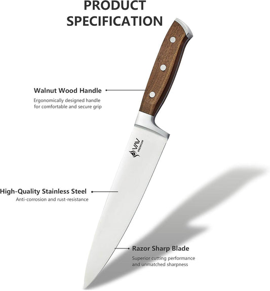 VAV GET Premium 8-inch Chef's Knife. Comfortable Walnut Wood Handle and Professional Stainless Steel with Long-Lasting Sharpness.