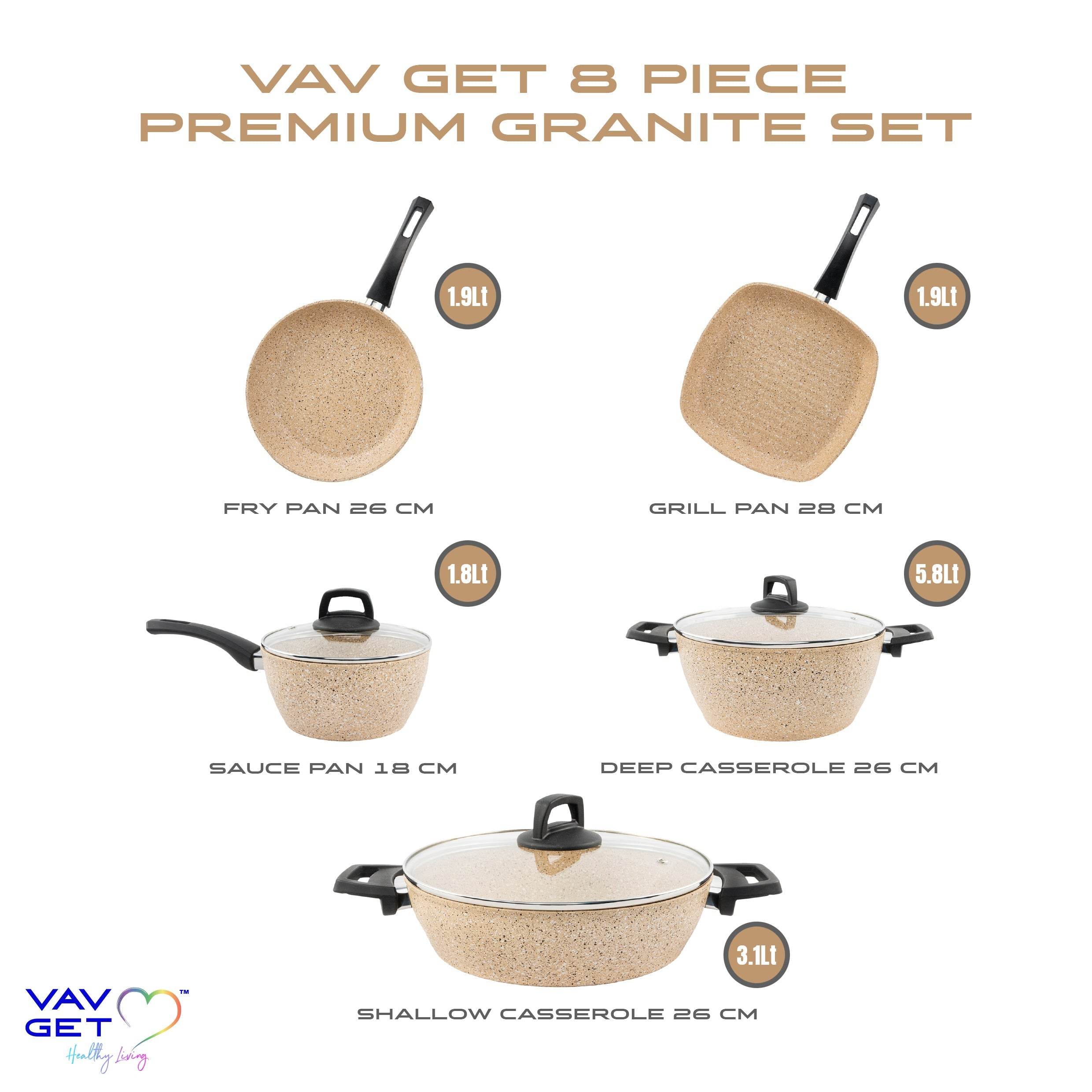 VAV GET Premium Granite 8-PCS Cookware Set, Healthy, Safe, Eco-Friendly, Non-Stick, Durable. Set includes: 26cm Deep and Shallow Casseroles, 18cm Sauce, 26cm Fry and 28cm Grill Pans with Lids.