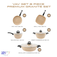 VAV GET Premium Granite 8-PCS Cookware Set, Healthy, Safe, Eco-Friendly, Non-Stick, Durable. Set includes: 26cm Deep and Shallow Casseroles, 18cm Sauce, 26cm Fry and 28cm Grill Pans with Lids.