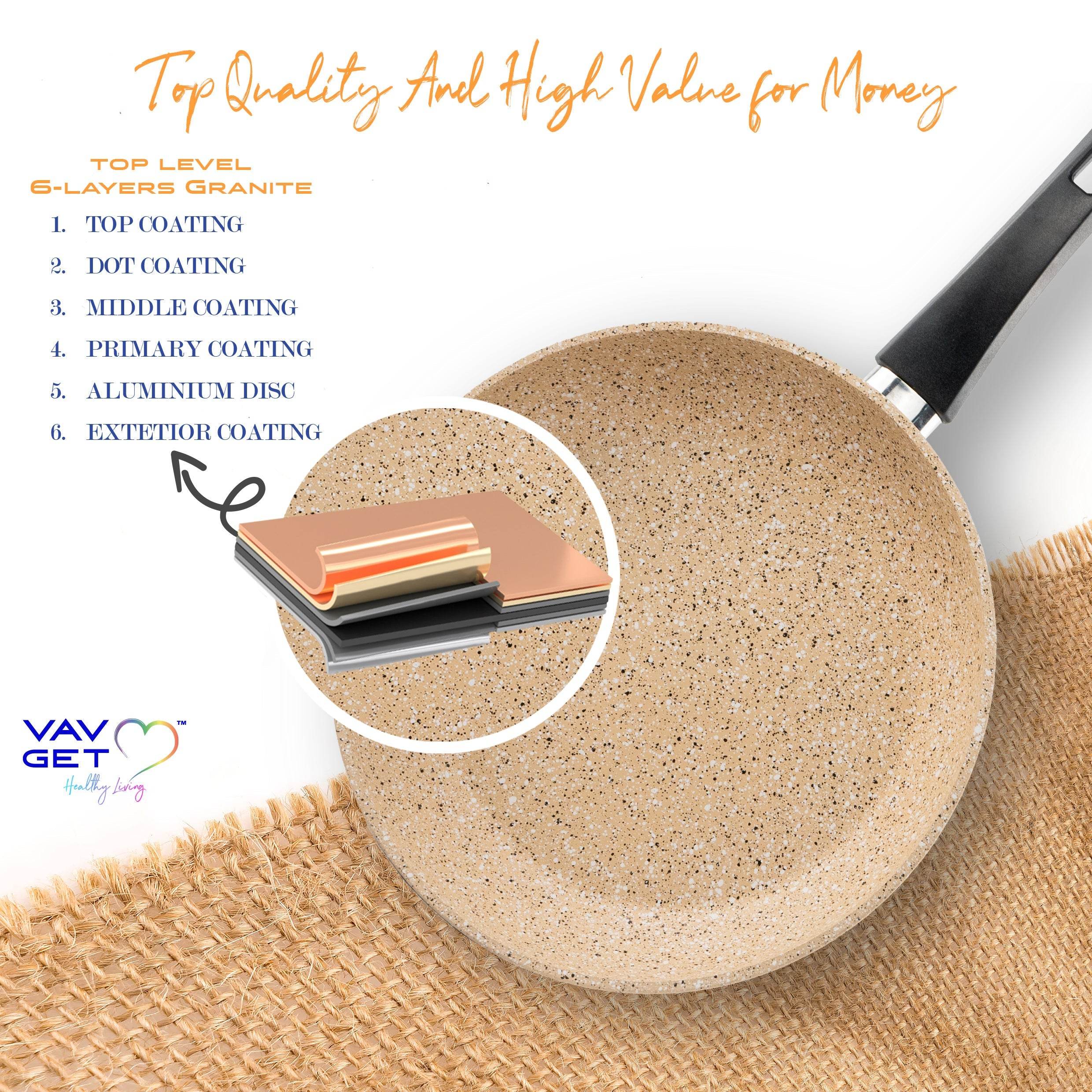 VAV GET Premium Granite 8-PCS Cookware Set, Healthy, Safe, Eco-Friendly, Non-Stick, Durable. Set includes: 26cm Deep and Shallow Casseroles, 18cm Sauce, 26cm Fry and 28cm Grill Pans with Lids.