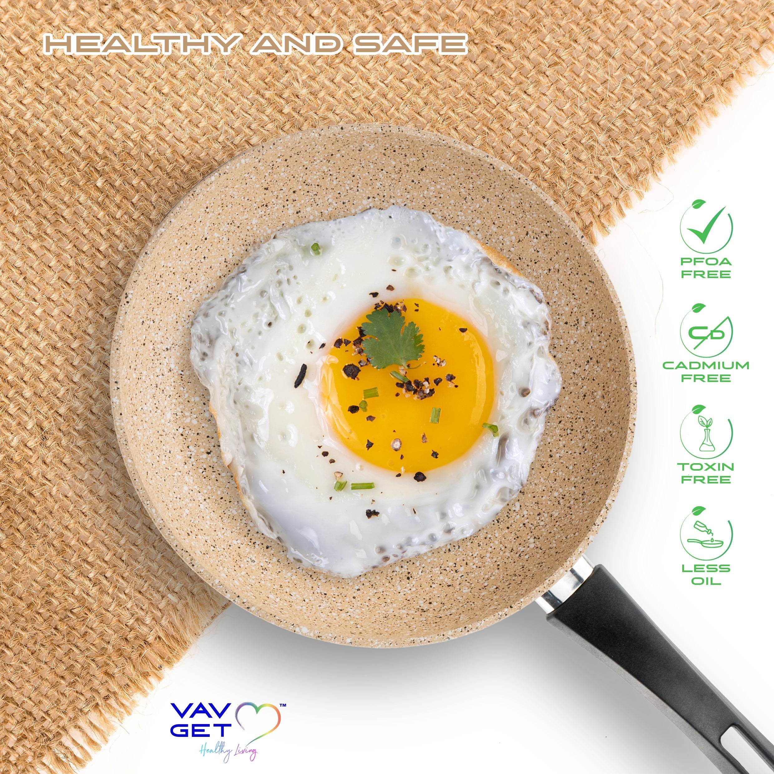 VAV GET Premium Granite 8-PCS Cookware Set, Healthy, Safe, Eco-Friendly, Non-Stick, Durable. Set includes: 26cm Deep and Shallow Casseroles, 18cm Sauce, 26cm Fry and 28cm Grill Pans with Lids.