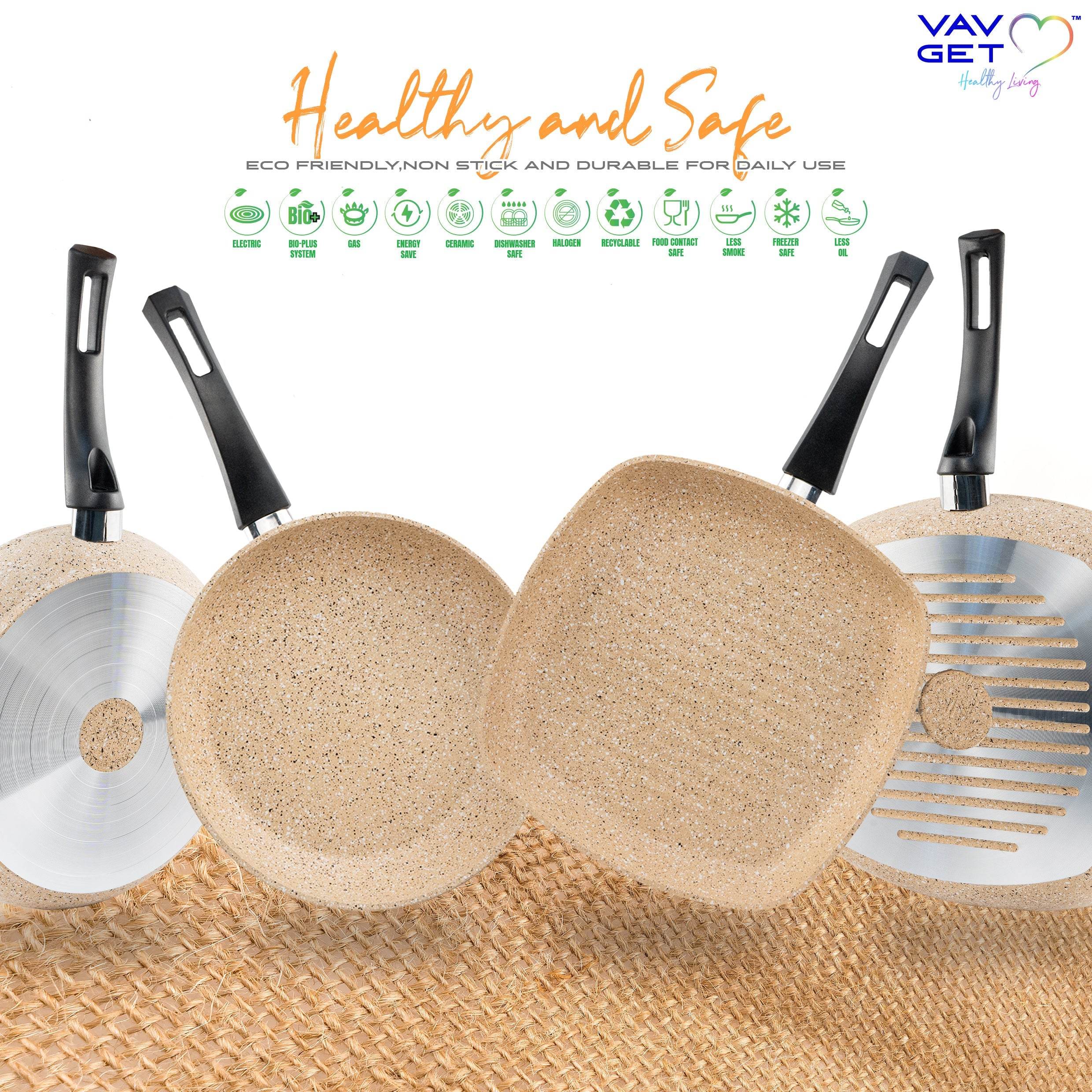 VAV GET Premium Granite 8-PCS Cookware Set, Healthy, Safe, Eco-Friendly, Non-Stick, Durable. Set includes: 26cm Deep and Shallow Casseroles, 18cm Sauce, 26cm Fry and 28cm Grill Pans with Lids.