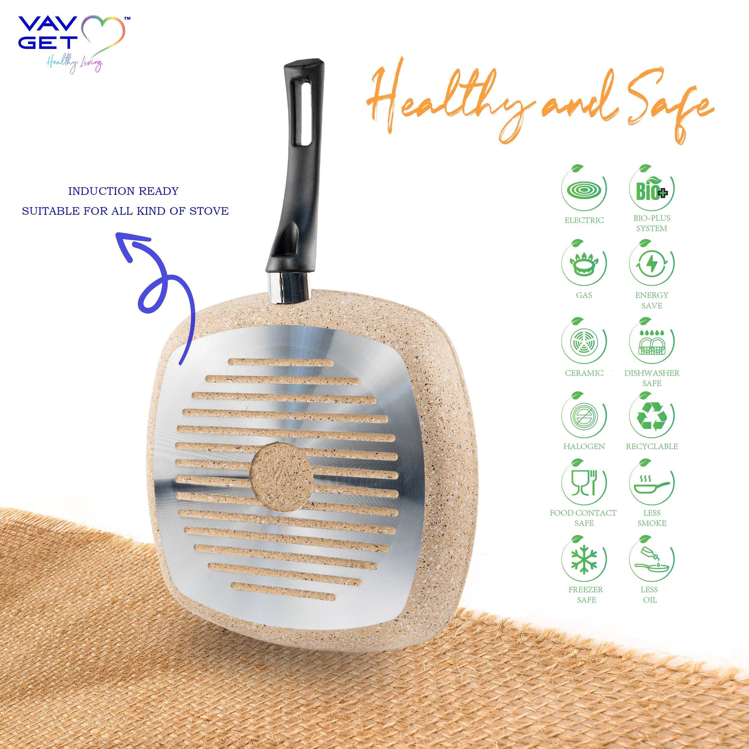 VAV GET Premium Granite 8-PCS Cookware Set, Healthy, Safe, Eco-Friendly, Non-Stick, Durable. Set includes: 26cm Deep and Shallow Casseroles, 18cm Sauce, 26cm Fry and 28cm Grill Pans with Lids.