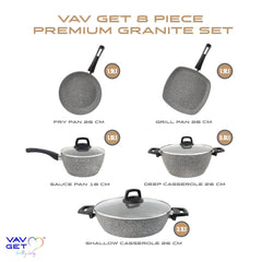 VAV GET Premium Granite 8-PCS Cookware Set, Healthy, Safe, Eco-Friendly, Non-Stick, Durable. Set includes: 26cm Deep and Shallow Casseroles, 18cm Sauce, 26cm Fry and 28cm Grill Pans with Lids Gray.