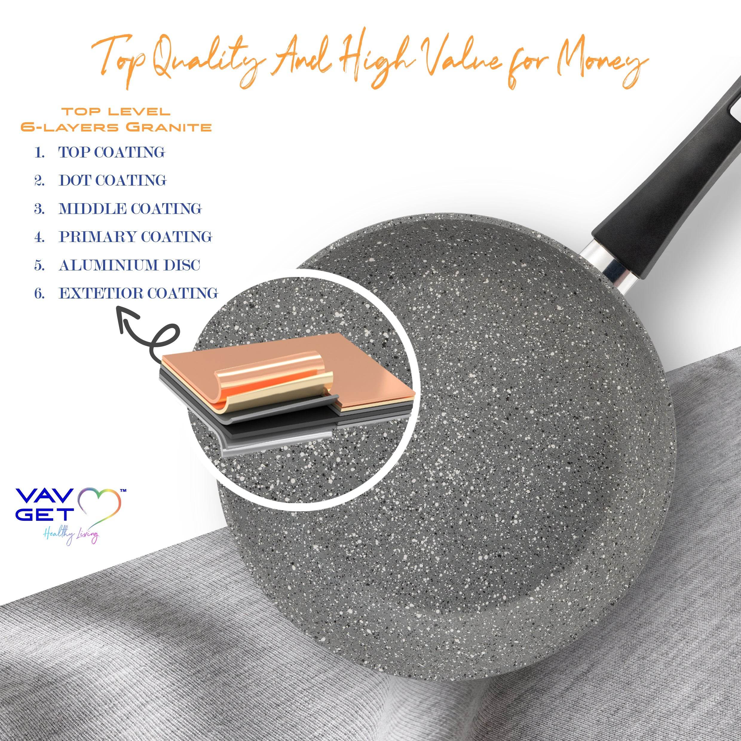 VAV GET Premium Granite 8-PCS Cookware Set, Healthy, Safe, Eco-Friendly, Non-Stick, Durable. Set includes: 26cm Deep and Shallow Casseroles, 18cm Sauce, 26cm Fry and 28cm Grill Pans with Lids Gray.
