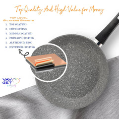VAV GET Premium Granite 8-PCS Cookware Set, Healthy, Safe, Eco-Friendly, Non-Stick, Durable. Set includes: 26cm Deep and Shallow Casseroles, 18cm Sauce, 26cm Fry and 28cm Grill Pans with Lids Gray.