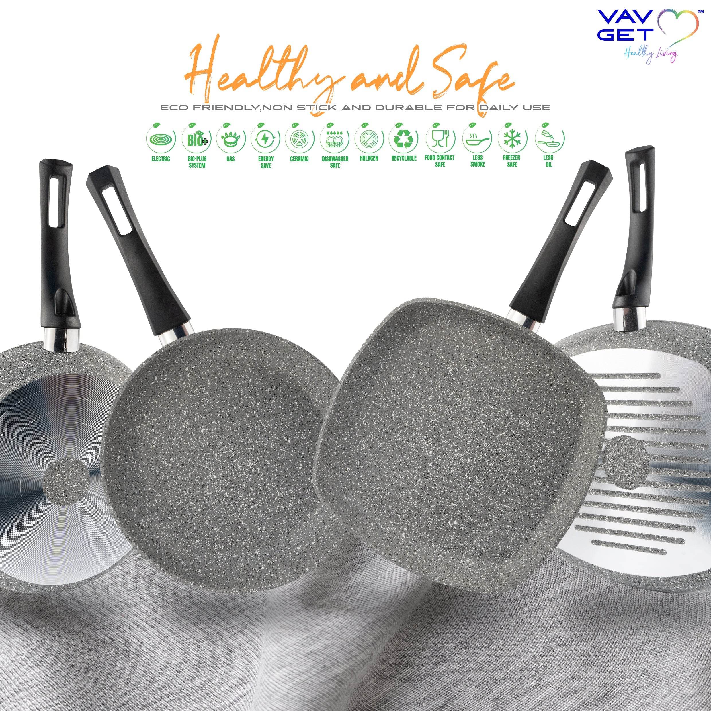 VAV GET Premium Granite 8-PCS Cookware Set, Healthy, Safe, Eco-Friendly, Non-Stick, Durable. Set includes: 26cm Deep and Shallow Casseroles, 18cm Sauce, 26cm Fry and 28cm Grill Pans with Lids Gray.