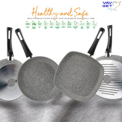VAV GET Premium Granite 8-PCS Cookware Set, Healthy, Safe, Eco-Friendly, Non-Stick, Durable. Set includes: 26cm Deep and Shallow Casseroles, 18cm Sauce, 26cm Fry and 28cm Grill Pans with Lids Gray.