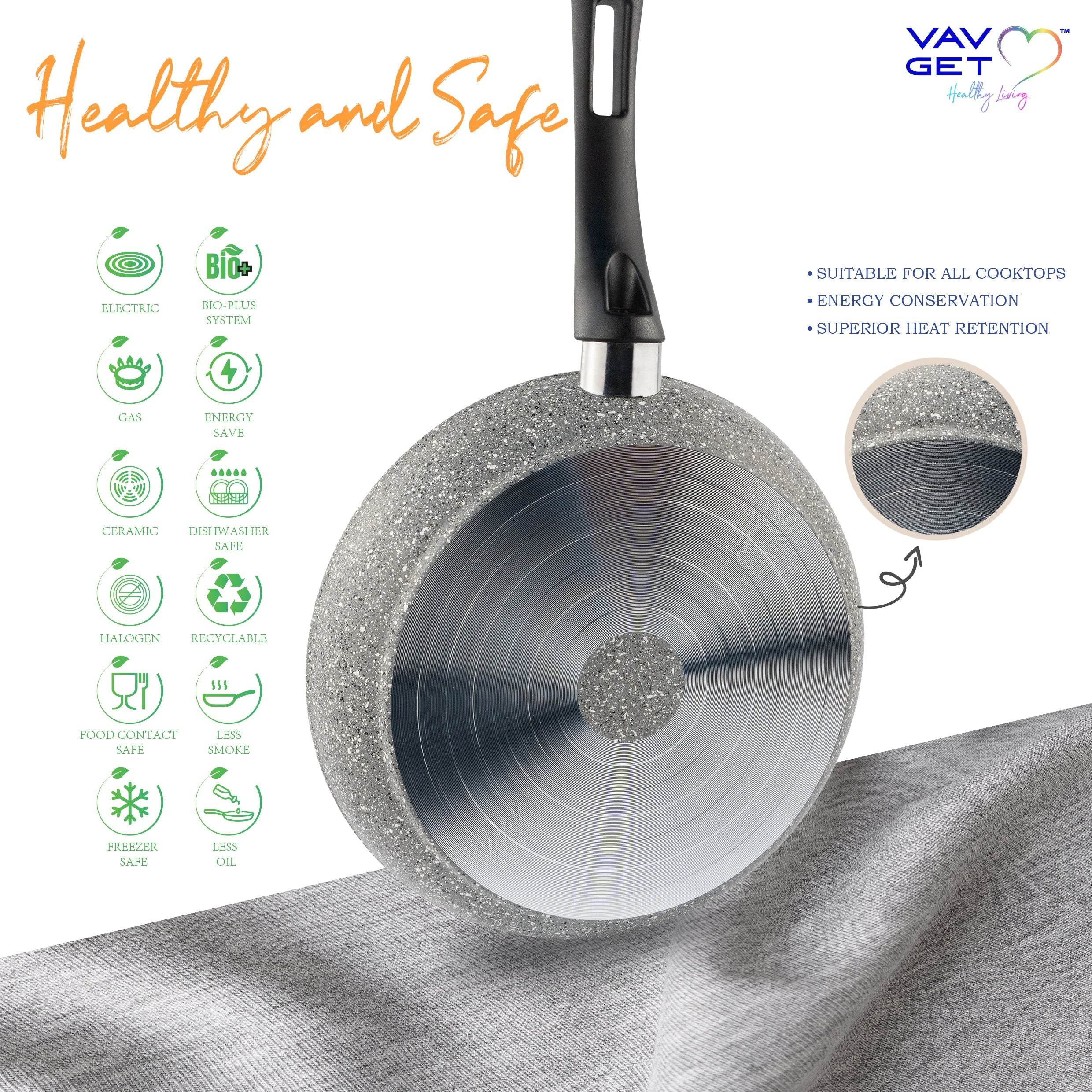 VAV GET Premium Granite 8-PCS Cookware Set, Healthy, Safe, Eco-Friendly, Non-Stick, Durable. Set includes: 26cm Deep and Shallow Casseroles, 18cm Sauce, 26cm Fry and 28cm Grill Pans with Lids Gray.