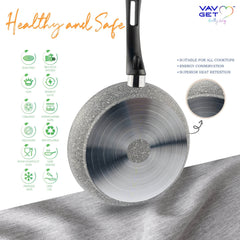 VAV GET Premium Granite 8-PCS Cookware Set, Healthy, Safe, Eco-Friendly, Non-Stick, Durable. Set includes: 26cm Deep and Shallow Casseroles, 18cm Sauce, 26cm Fry and 28cm Grill Pans with Lids Gray.