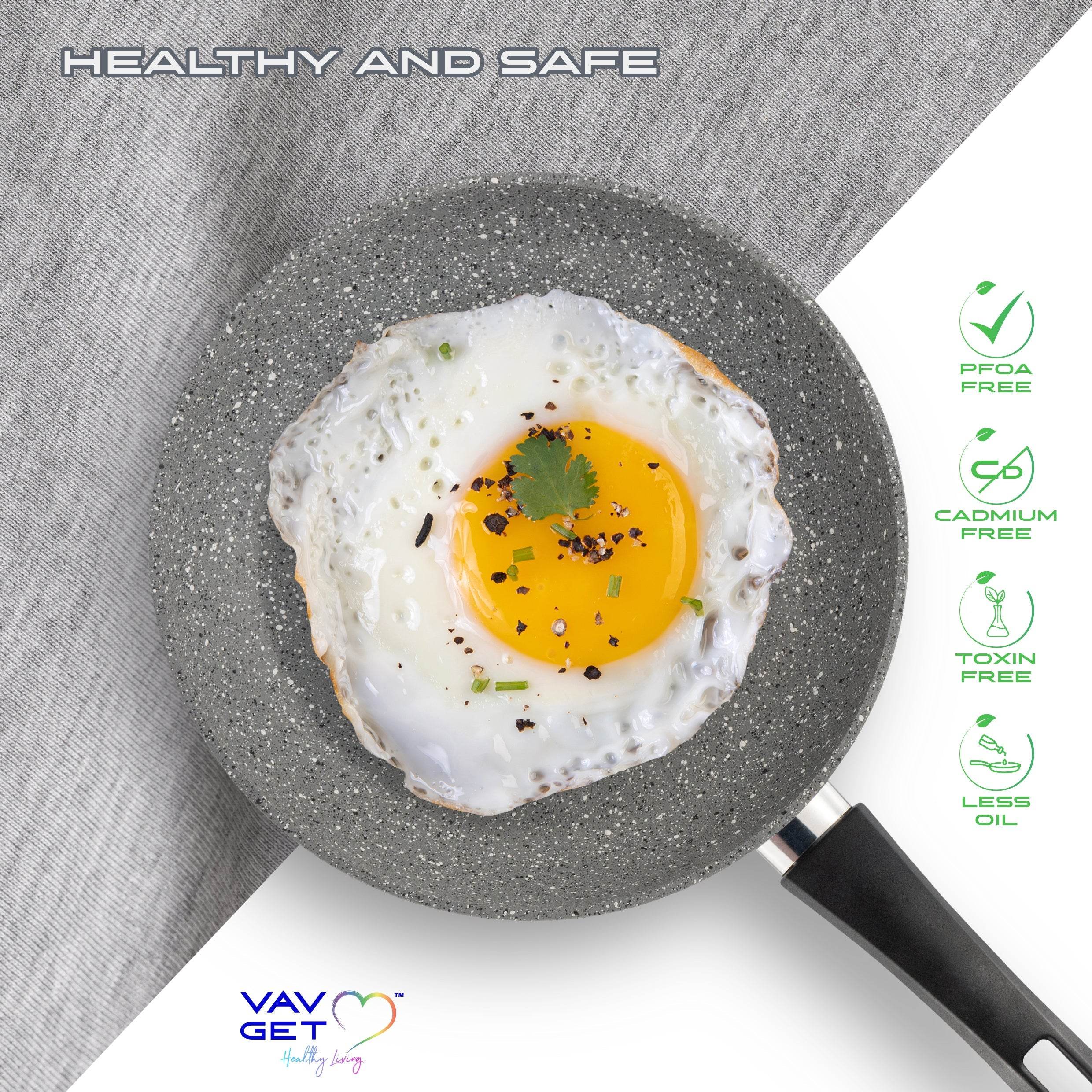 VAV GET Premium Granite 8-PCS Cookware Set, Healthy, Safe, Eco-Friendly, Non-Stick, Durable. Set includes: 26cm Deep and Shallow Casseroles, 18cm Sauce, 26cm Fry and 28cm Grill Pans with Lids Gray.