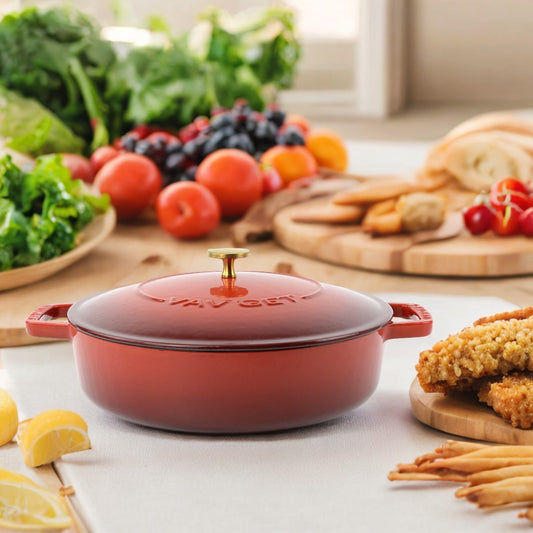 VAV GET Enameled Cast Iron Dutch Oven Braiser. 28cm, 3.79L, Cherry Red, Induction & All Hob Compatible, Oven & Grill Safe