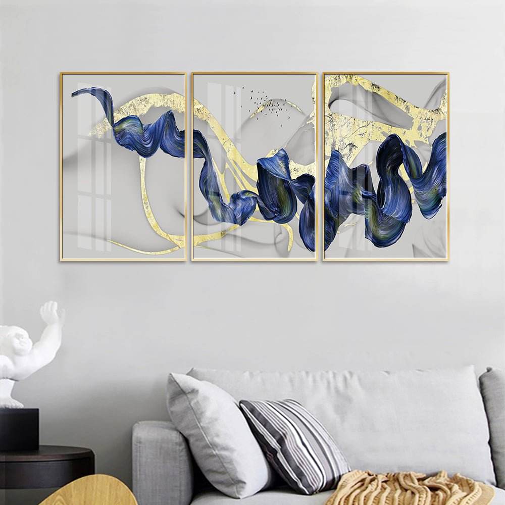 VAV GET - Wall Art Abstract Blue Waving Scarf Crystal Painting 3 pcs 50 cm x 70 cm