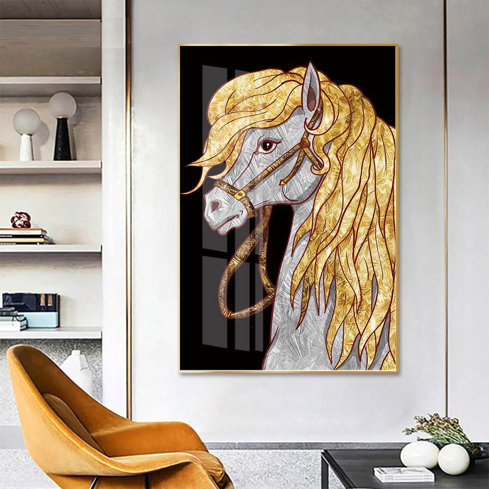 VAV GET - Wall Art White Horse with Long Mane Framed Crystal Painting 50 cm X 70 cm