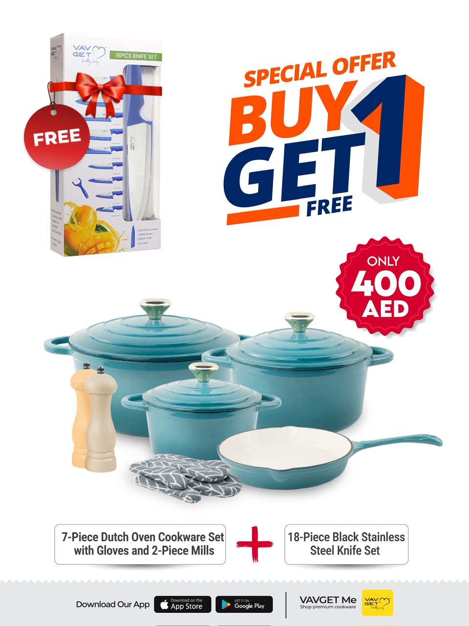 VAV GET Healthy and Safe Non-Stick Enameled Cast Iron 7-Piece Dutch Oven Cookware Set with Gloves and 2-Piece Mills. Includes: 24cm Dutch Oven Fry Pan, 18cm, 21cm, and 24cm Dutch Ovens with Lids, Gloves, and 2-Piece Mills.