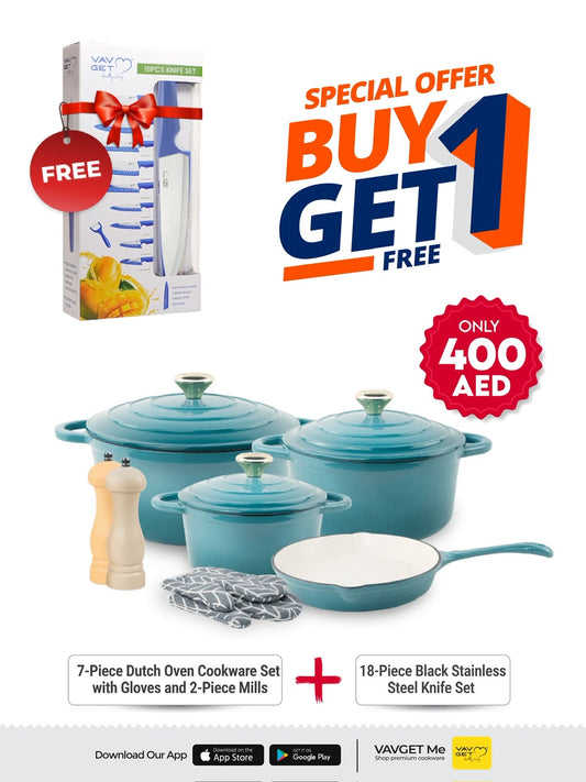 VAV GET Healthy and Safe Non-Stick Enameled Cast Iron 7-Piece Dutch Oven Cookware Set with Gloves and 2-Piece Mills. Includes: 24cm Dutch Oven Fry Pan, 18cm, 21cm, and 24cm Dutch Ovens with Lids, Gloves, and 2-Piece Mills.
