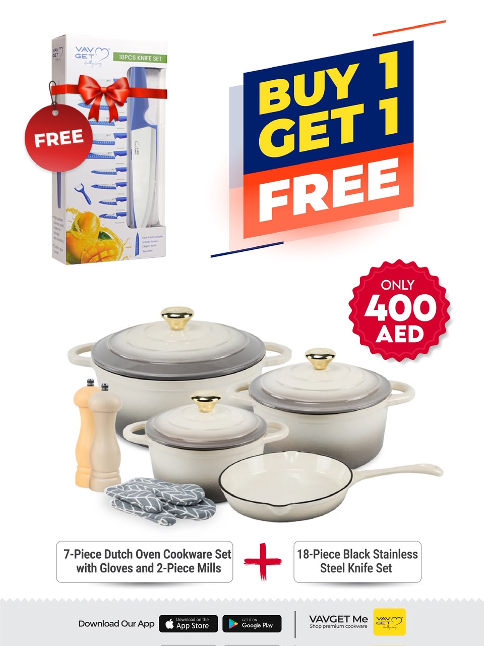 VAV GET Healthy and Safe Non-Stick Enameled Cast Iron 7-Piece Dutch Oven Cookware Set with Gloves and 2-Piece Mills. Includes: 24cm Dutch Oven Fry Pan, 18cm, 21cm, and 24cm Dutch Ovens with Lids, Gloves, and 2-Piece Mills.