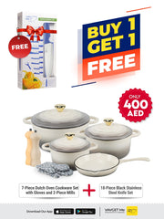 VAV GET Healthy and Safe Non-Stick Enameled Cast Iron 7-Piece Dutch Oven Cookware Set with Gloves and 2-Piece Mills. Includes: 24cm Dutch Oven Fry Pan, 18cm, 21cm, and 24cm Dutch Ovens with Lids, Gloves, and 2-Piece Mills.