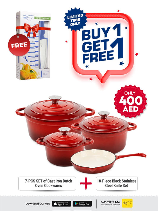VAV GET Healthy and Safe, Non-Stick Enameled 7-PCS SET of Cast Iron Dutch Oven Cookwares. Set includes: 24cm Dutch Oven Fry Pan, 18cm, 21cm, 24cm Dutch Oven Cookwares with Lids.