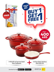 VAV GET Healthy and Safe, Non-Stick Enameled 7-PCS SET of Cast Iron Dutch Oven Cookwares. Set includes: 24cm Dutch Oven Fry Pan, 18cm, 21cm, 24cm Dutch Oven Cookwares with Lids.