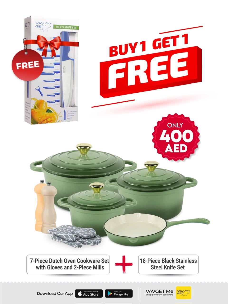 VAV GET Healthy and Safe Non-Stick Enameled Cast Iron 7-Piece Dutch Oven Cookware Set with Gloves and 2-Piece Mills. Includes: 24cm Dutch Oven Fry Pan, 18cm, 21cm, and 24cm Dutch Ovens with Lids, Gloves, and 2-Piece Mills.