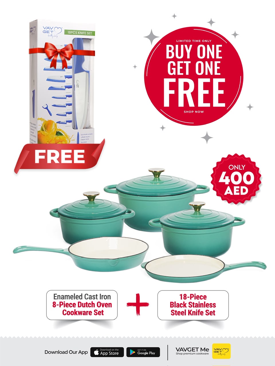 VAV GET Healthy and Safe Non-Stick Enameled Cast Iron 8-Piece Dutch Oven Cookware Set. Includes: 24cm Dutch Oven Fry Pan, Dutch Oven Crepe Pan, 18cm, 21cm, and 24cm Dutch Ovens with Lids.