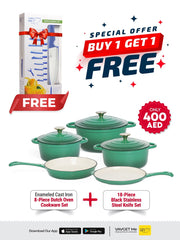 VAV GET Healthy and Safe Non-Stick Enameled Cast Iron 8-Piece Dutch Oven Cookware Set. Includes: 24cm Dutch Oven Fry Pan, Dutch Oven Crepe Pan, 18cm, 21cm, and 24cm Dutch Ovens with Lids.