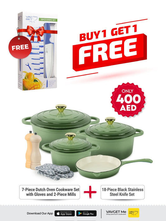 VAV GET Healthy and Safe Non-Stick Enameled Cast Iron 7-Piece Dutch Oven Cookware Set with Gloves and 2-Piece Mills. Includes: 24cm Dutch Oven Fry Pan, 18cm, 21cm, and 24cm Dutch Ovens with Lids, Gloves, and 2-Piece Mills.