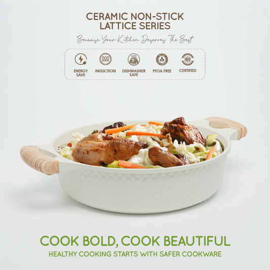 VAV GET 28 CM Shallow Casserole with Lid – Ceramic Non-Stick, Lattice Series, Induction Compatible