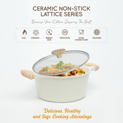 VAV GET 24 CM Casserole with Lid – Ceramic Non-Stick Lattice Series, Cream White