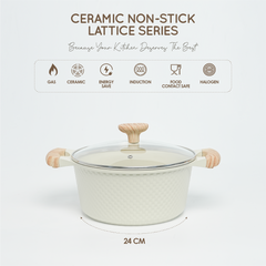 VAV GET 24 CM Casserole with Lid – Ceramic Non-Stick Lattice Series, Cream White