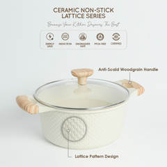 VAV GET 24 CM Casserole with Lid – Ceramic Non-Stick Lattice Series, Cream White