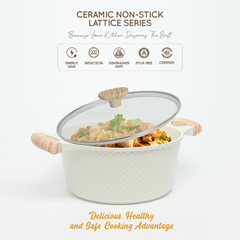 VAV GET 24 CM Casserole with Lid – Ceramic Non-Stick Lattice Series, Cream White