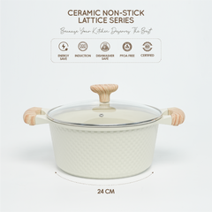 VAV GET 24 CM Casserole with Lid – Ceramic Non-Stick Lattice Series, Cream White