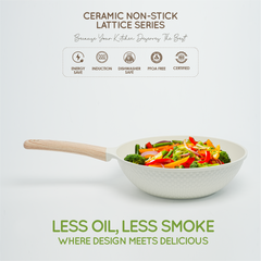 VAV GET Healthy & Safe Ceramic Non-Stick Lattice Series 28 CM Wok With Lid – Induction Compatible, Premium Cream Finish