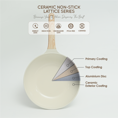 VAV GET Healthy & Safe Ceramic Non-Stick Lattice Series 28 CM Wok With Lid – Induction Compatible, Premium Cream Finish