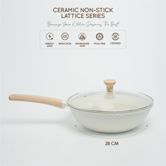 VAV GET Healthy & Safe Ceramic Non-Stick Lattice Series 28 CM Wok With Lid – Induction Compatible, Premium Cream Finish