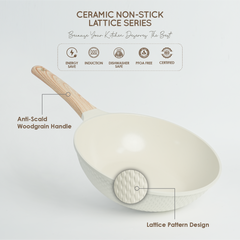 VAV GET Healthy & Safe Ceramic Non-Stick Lattice Series 28 CM Wok With Lid – Induction Compatible, Premium Cream Finish