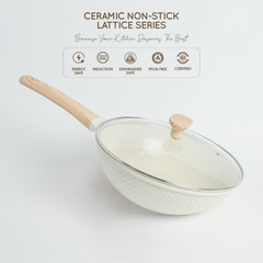 VAV GET Healthy & Safe Ceramic Non-Stick Lattice Series 28 CM Wok With Lid – Induction Compatible, Premium Cream Finish
