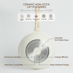 VAV GET Healthy & Safe Ceramic Non-Stick Lattice Series 28 CM Wok With Lid – Induction Compatible, Premium Cream Finish
