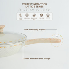 VAV GET Healthy & Safe Ceramic Non-Stick Lattice Series 28 CM Wok With Lid – Induction Compatible, Premium Cream Finish